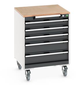cubio mobile cabinet with 5 drawers & multiplex worktop. WxDxH: 650x650x890mm. RAL 7035/5010 or selected Bott Mobile Storage 650mm x 650mm Industrial Tool Trolleys